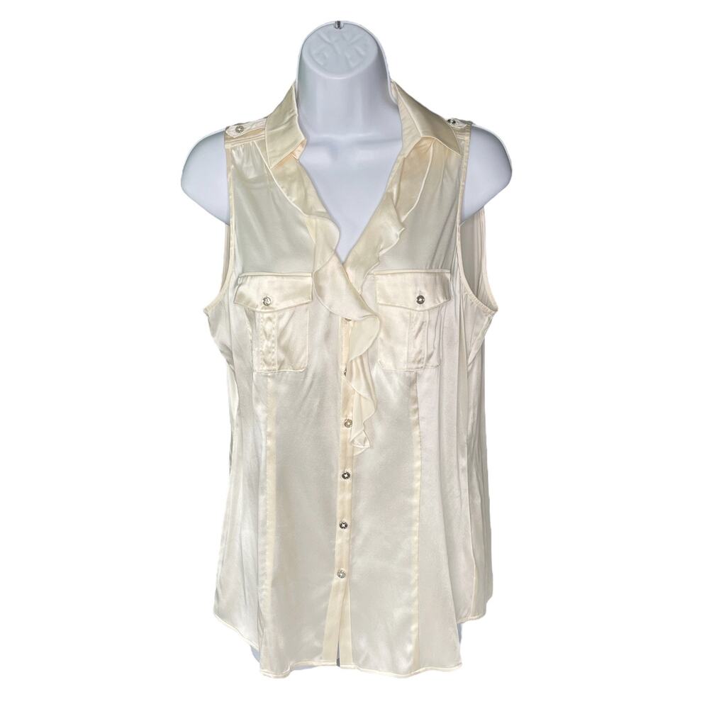 White House Black Market Silk Stretch Sleeveless Blouse Button Down Cream 10